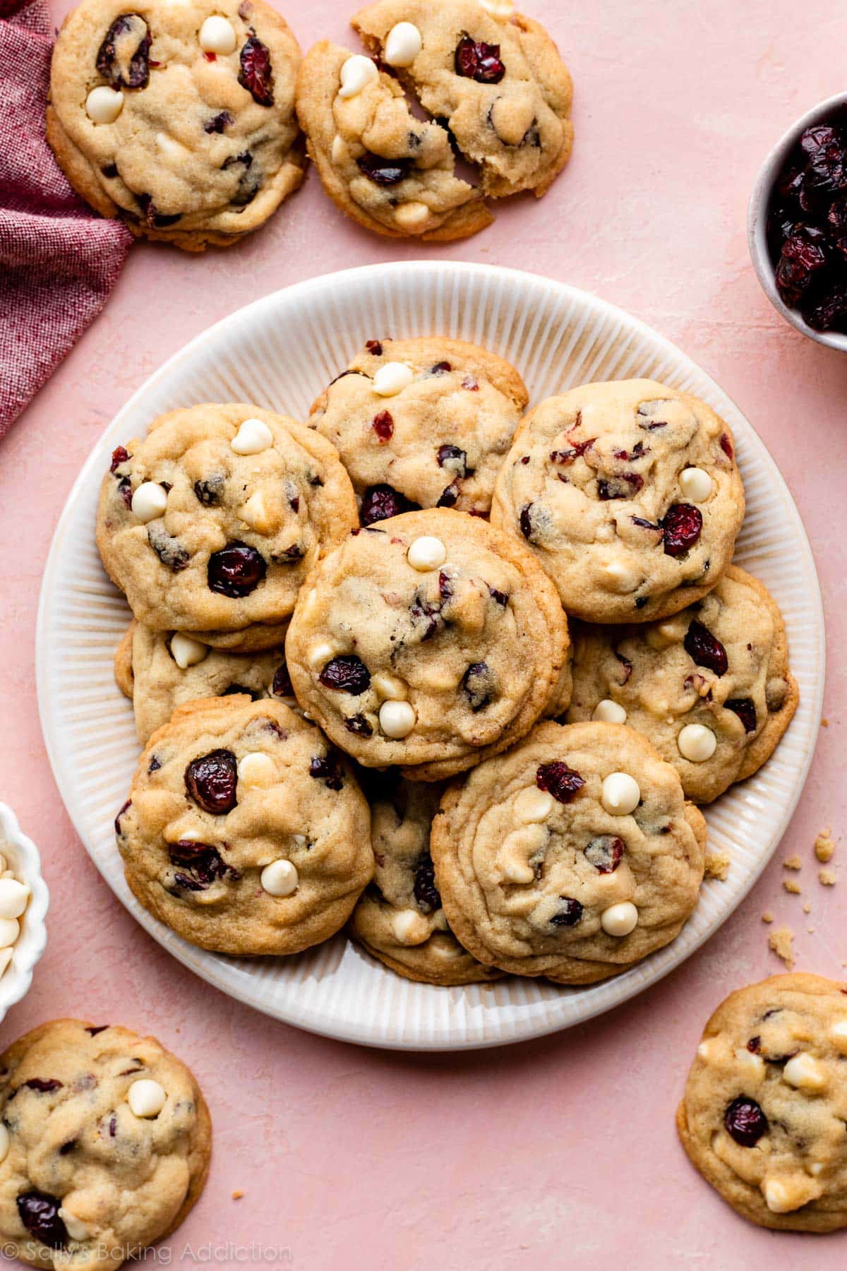 plate of white chocolate cranberry cookies