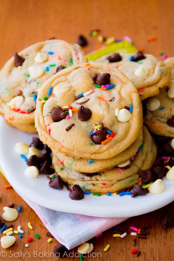 stack of cake batter chocolate chip cookies