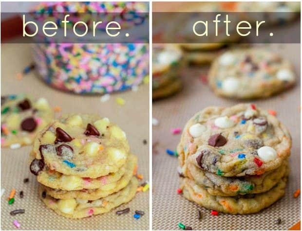 2 images of a stack of cake batter chocolate chip cookies