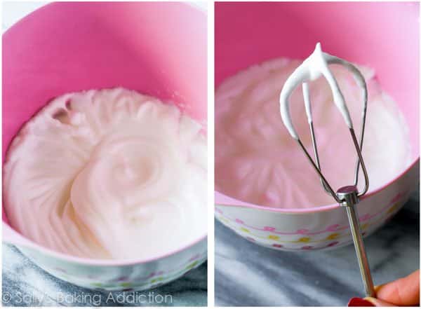 2 images of egg whites with peaks in a pink bowl with one hand mixer beater