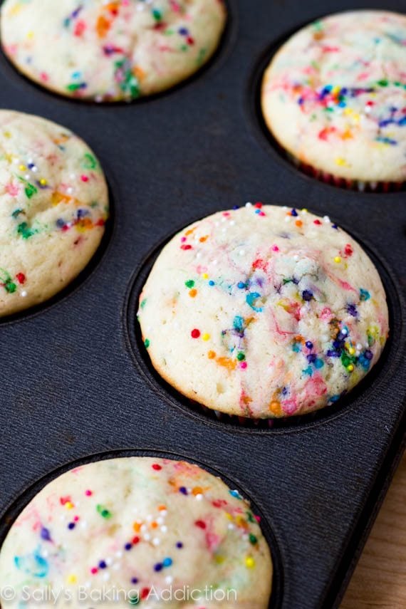 funfetti cupcakes in a cupcake pan after baking