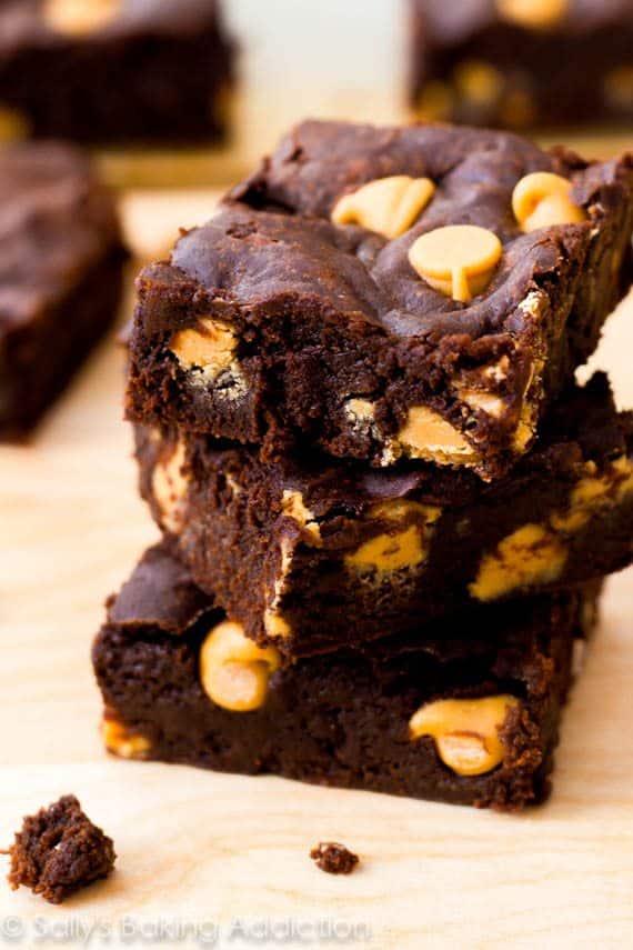 stack of 3 brownies with peanut butter chips