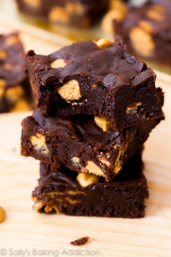 stack of brownies with peanut butter chips