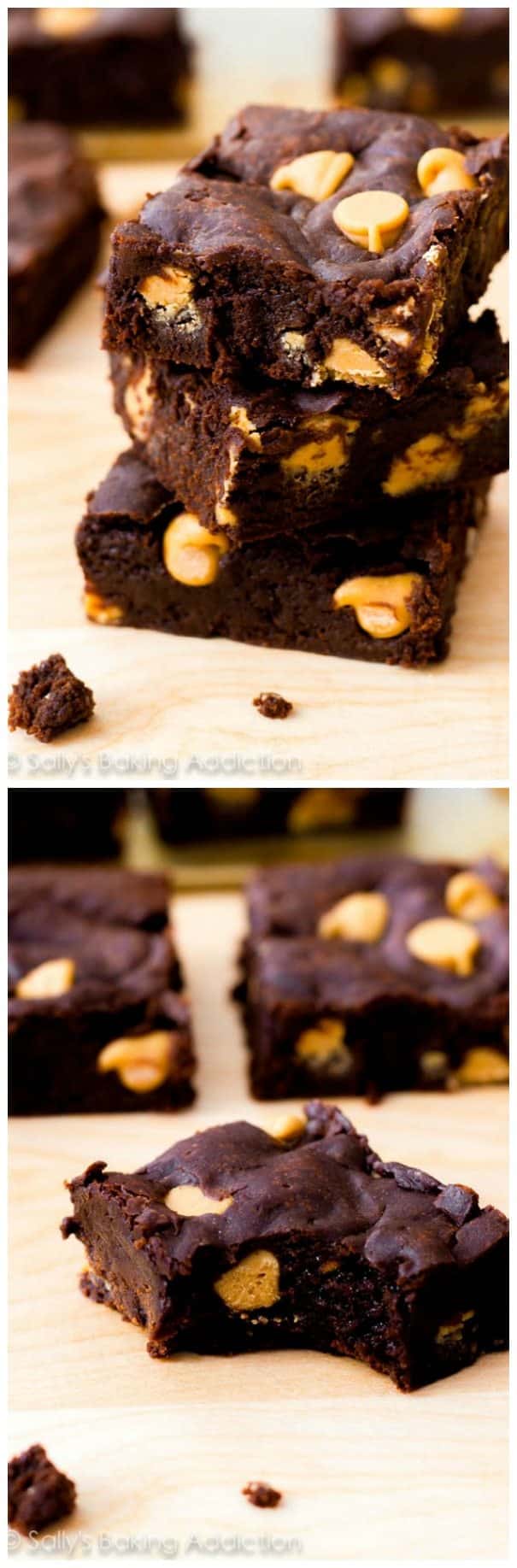 2 images of brownies with peanut butter chips