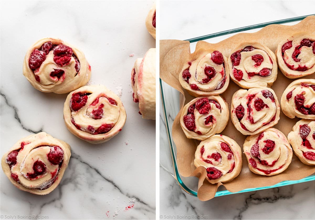 raspberry rolls before baking on counter and shown again arranged in lined pan.