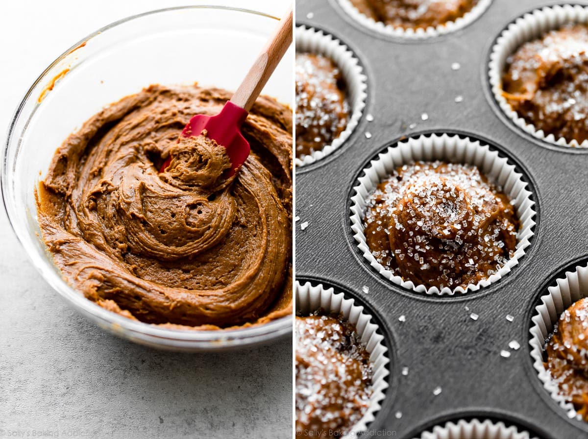 2 images of gingerbread muffin batter in a bowl and in a muffin pan