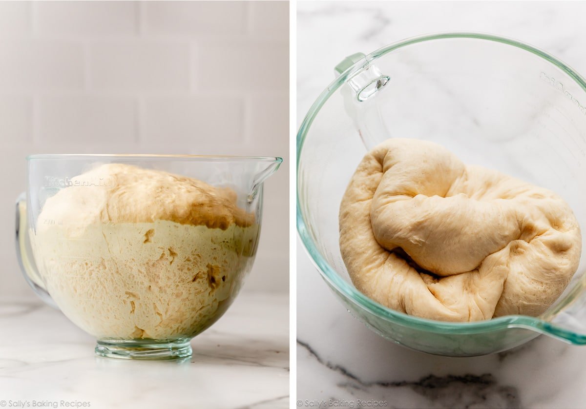 dough risen in glass bowl and shown again punched down.