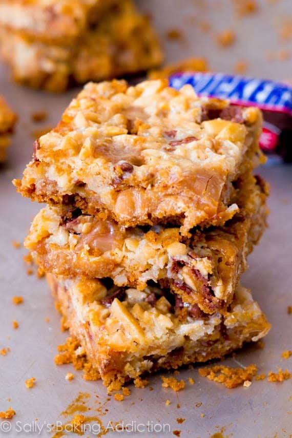 stack of 3 caramel Snickers 7 layer bars