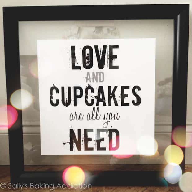 framed print that says love and cupcakes are all you need