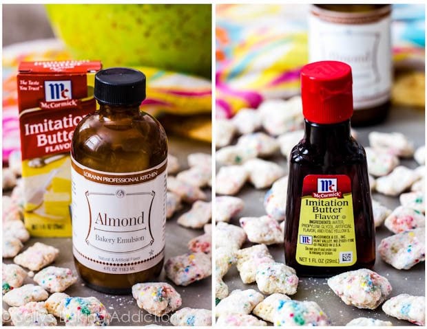 2 images of almond extract and imitation butter flavor in a bottle
