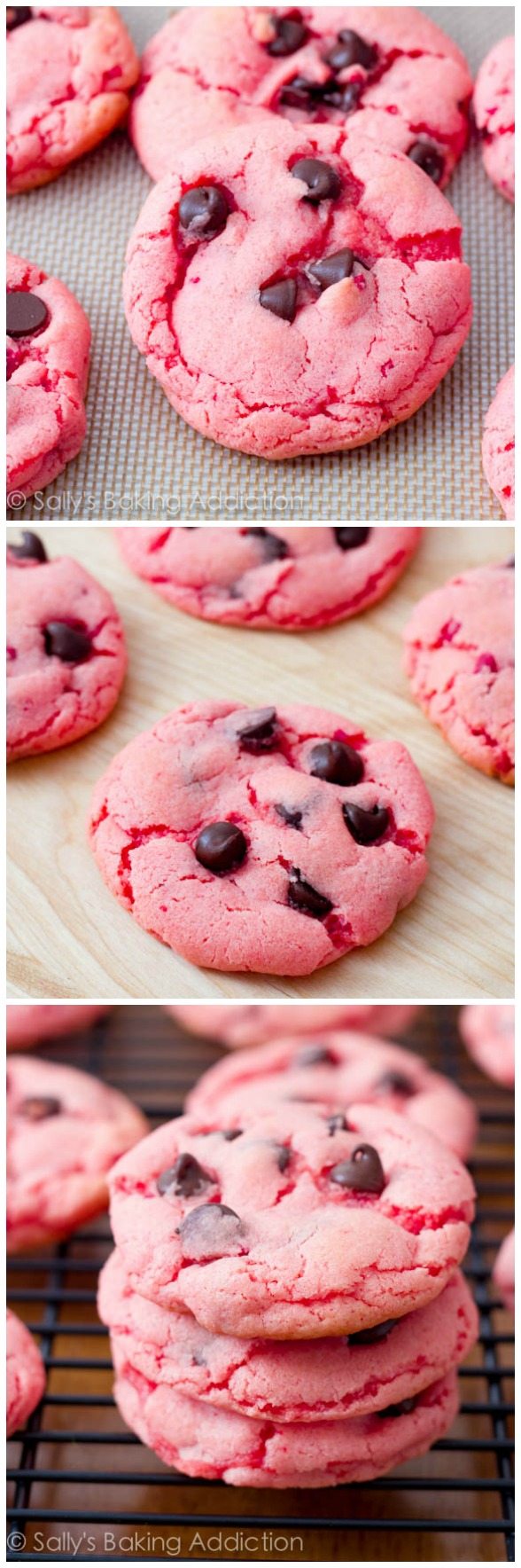 3 images of strawberry cookies with chocolate chips