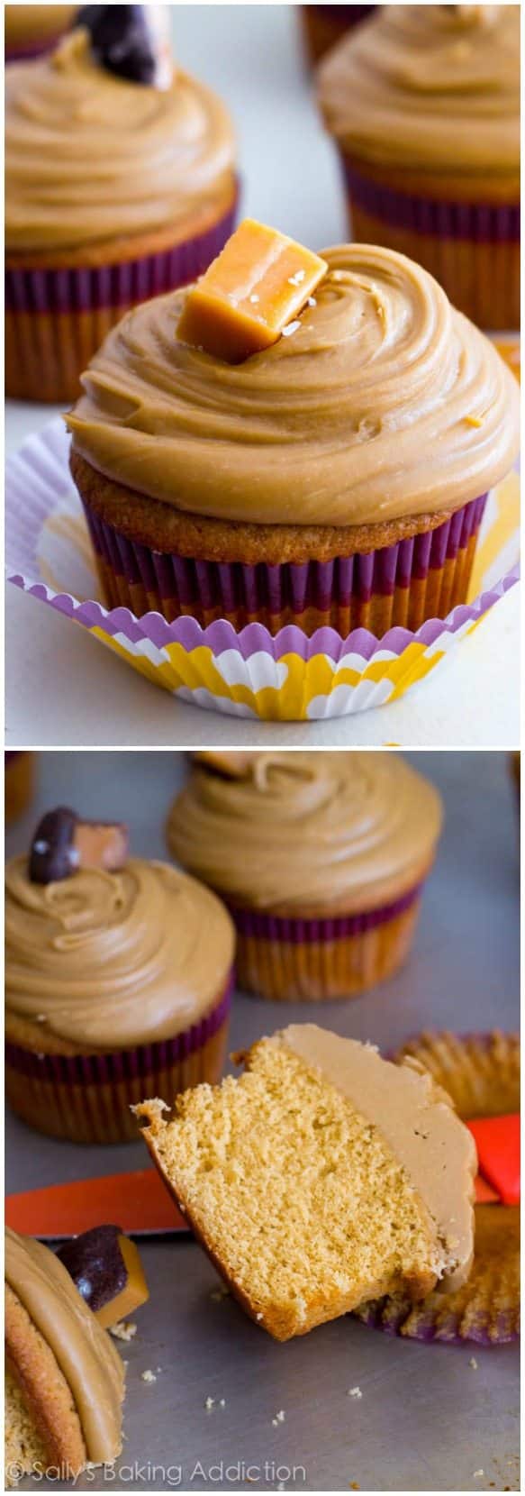 2 images of caramel cupcakes topped with salted caramel frosting and caramel candies