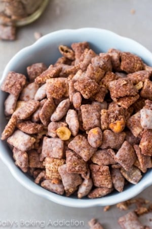 salted peanut Nutella puppy chow in a bowl