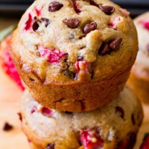 stack of 2 strawberry chocolate chip muffins
