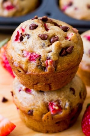 stack of 2 strawberry chocolate chip muffins