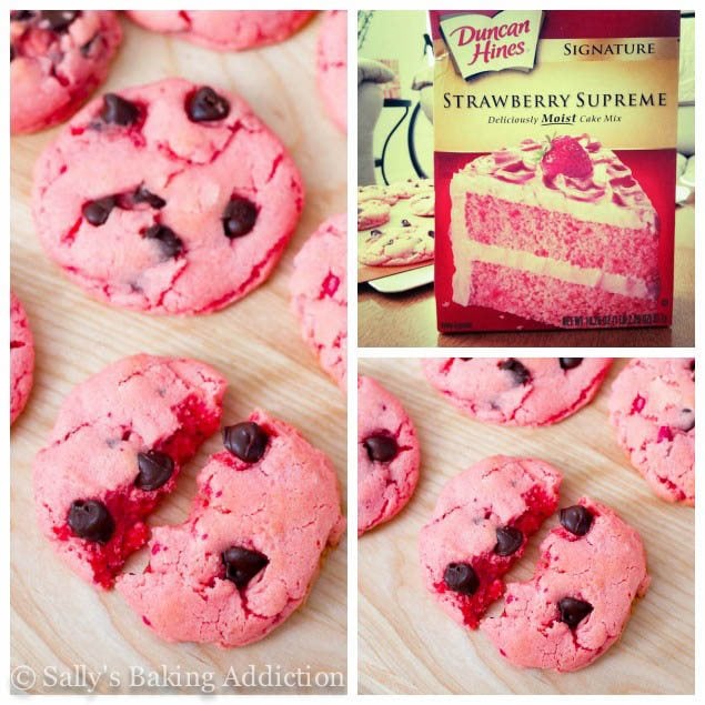 3 images of strawberry cookies with chocolate chips and strawberry cake mix