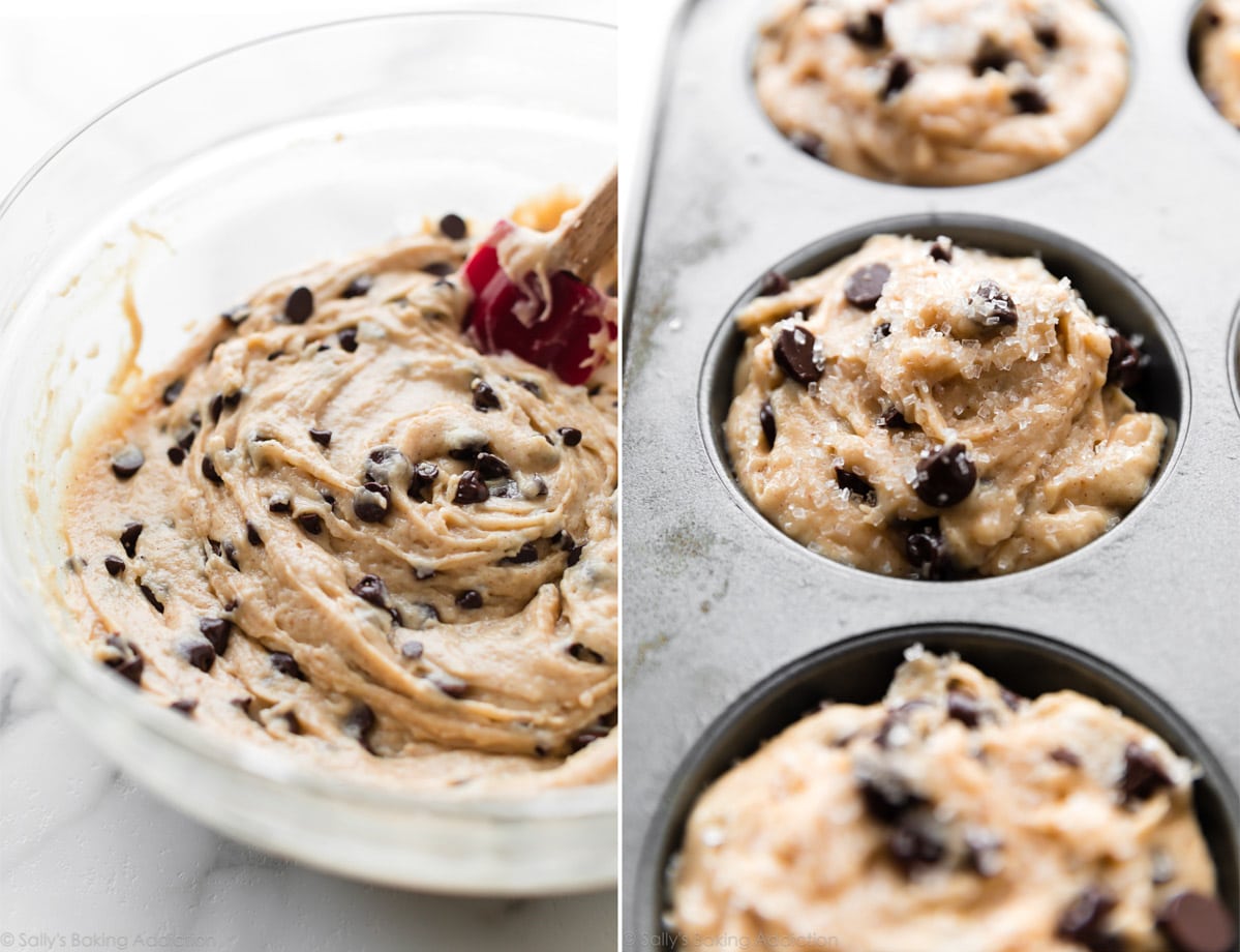2 images of chocolate chip muffin batter in a glass bowl and in a jumbo muffin pan