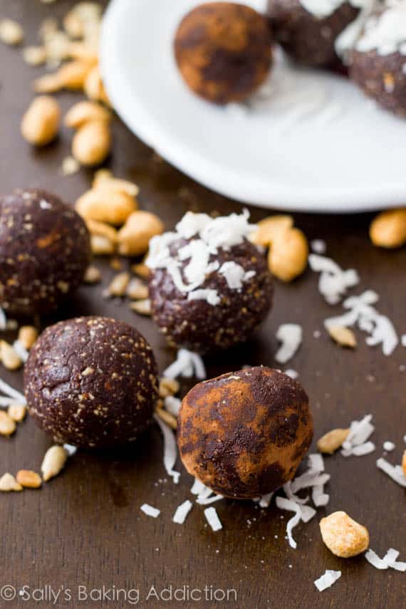 chocolate truffle energy bites coated in different toppings