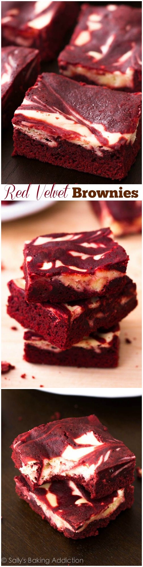3 images of red velvet cheesecake swirl brownies