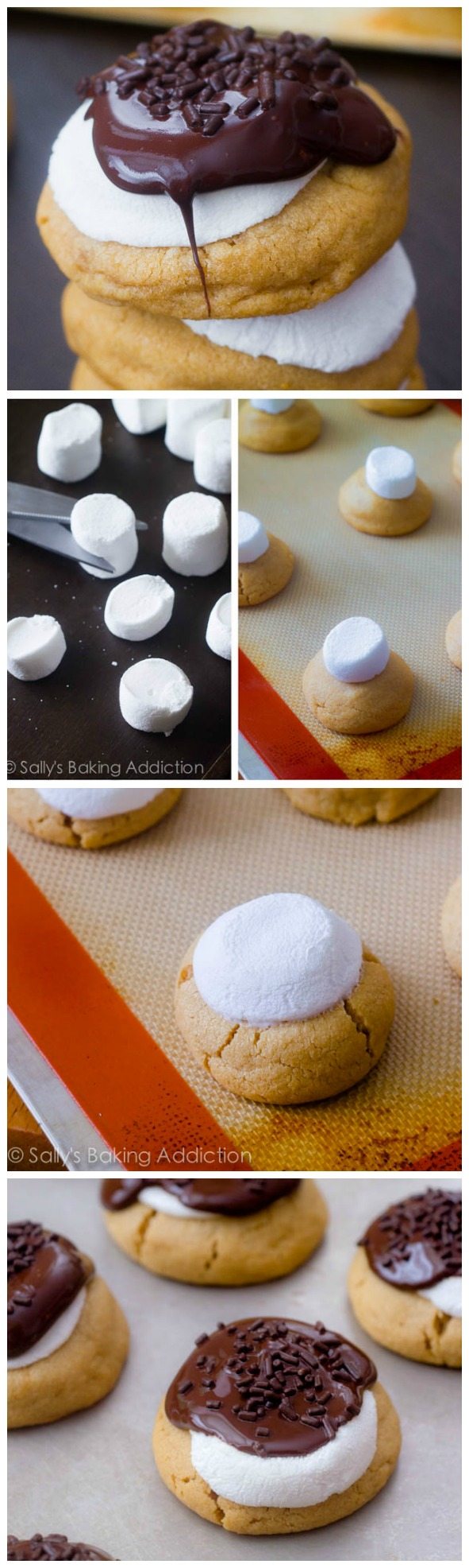 collage of 5 images showing how to make s'more peanut butter cookies