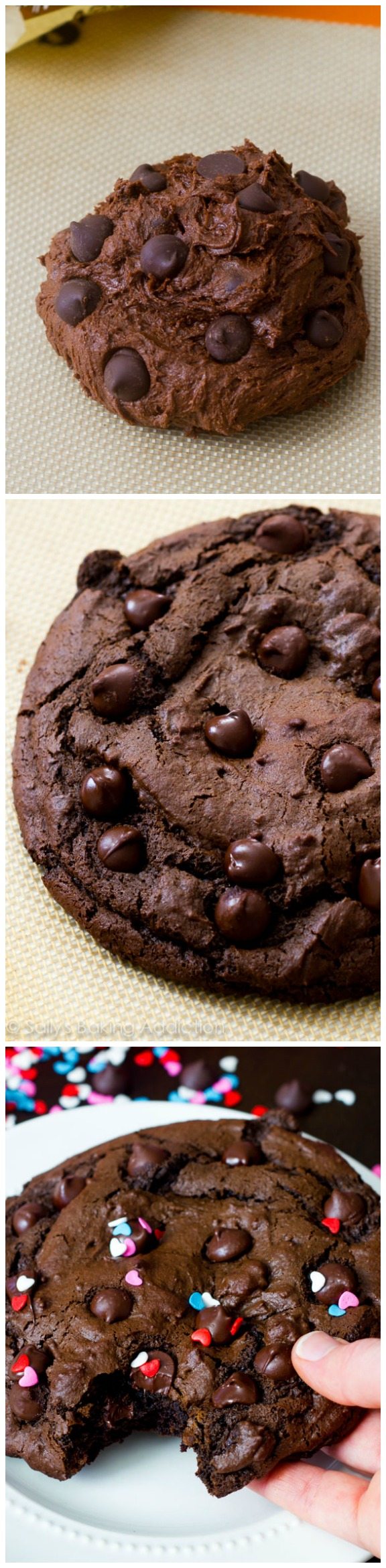 3 images of one giant chocolate cookie