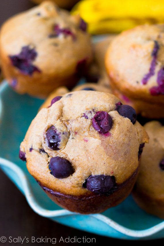 banana blueberry muffins on a blue plate