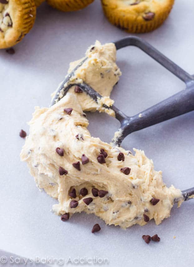 chocolate chip cookie dough frosting on a paddle attachment