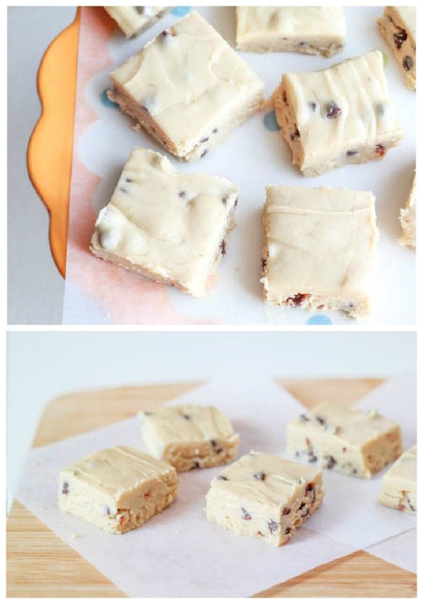 2 images of squares of chocolate chip cookie dough fudge