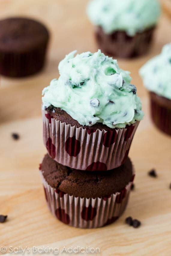 stack of chocolate cupcakes topped with mint chip frosting