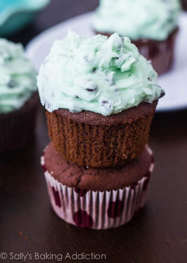stack of chocolate cupcakes topped with mint chip frosting
