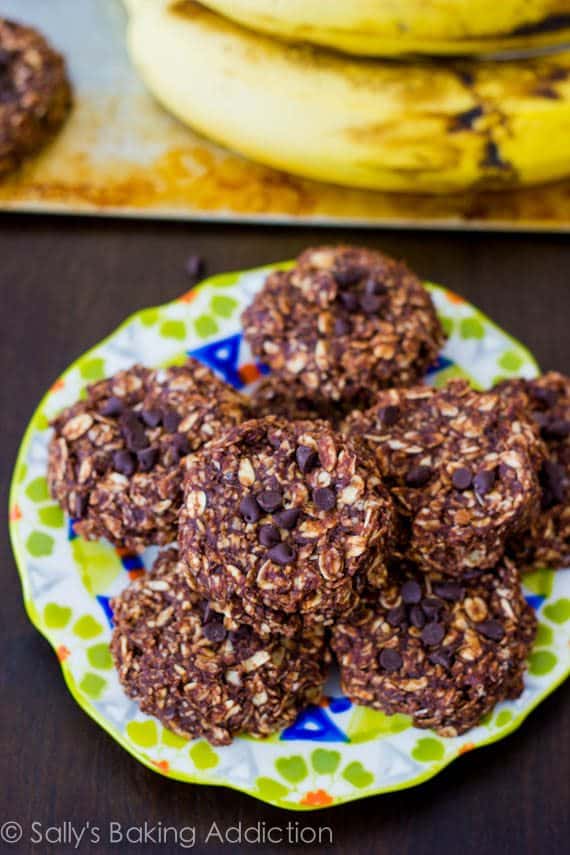 chocolate peanut butter banana no bake cookies on a colorful plate