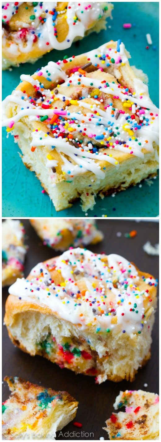 2 images of cake batter cinnamon rolls topped with icing and sprinkles