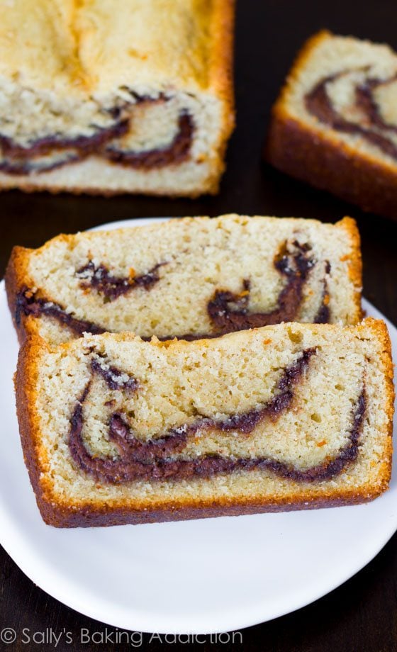 slices of Nutella swirl pound cake on a white plate