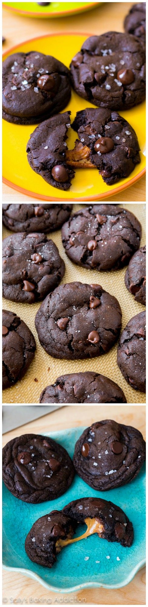 collage of 3 salted caramel dark chocolate cookies images