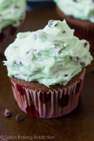chocolate cupcake topped with mint chip frosting