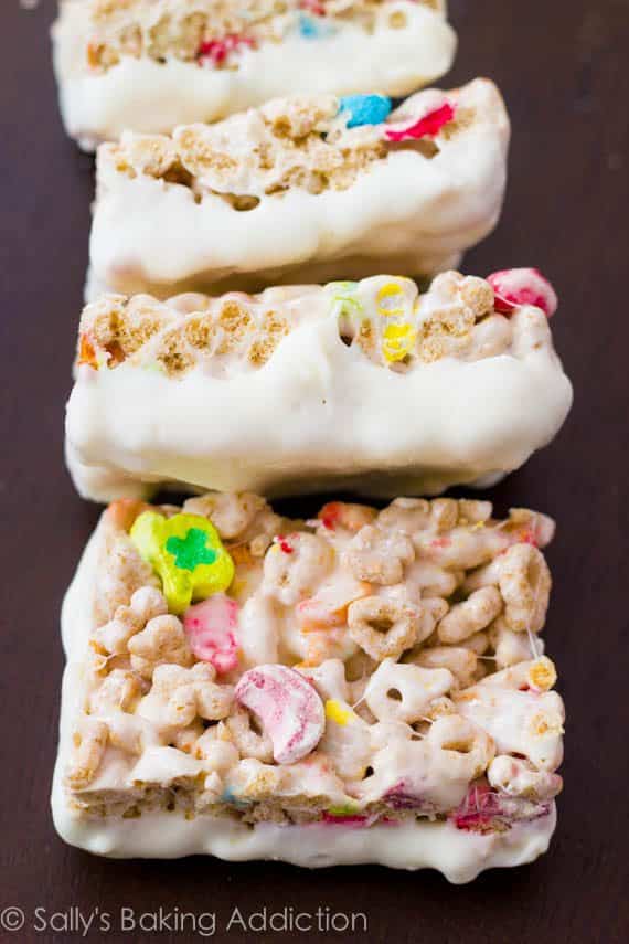 Lucky Charms Treats with the bottoms dipped in white chocolate