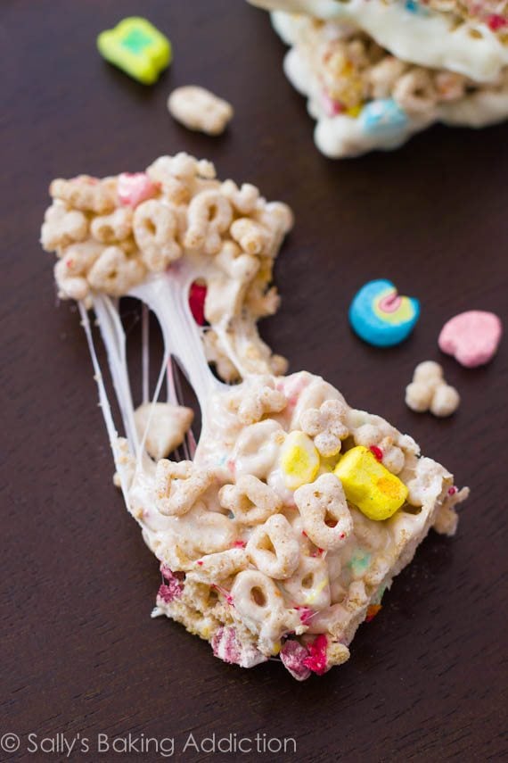 Lucky Charms Treats with the bottoms dipped in white chocolate