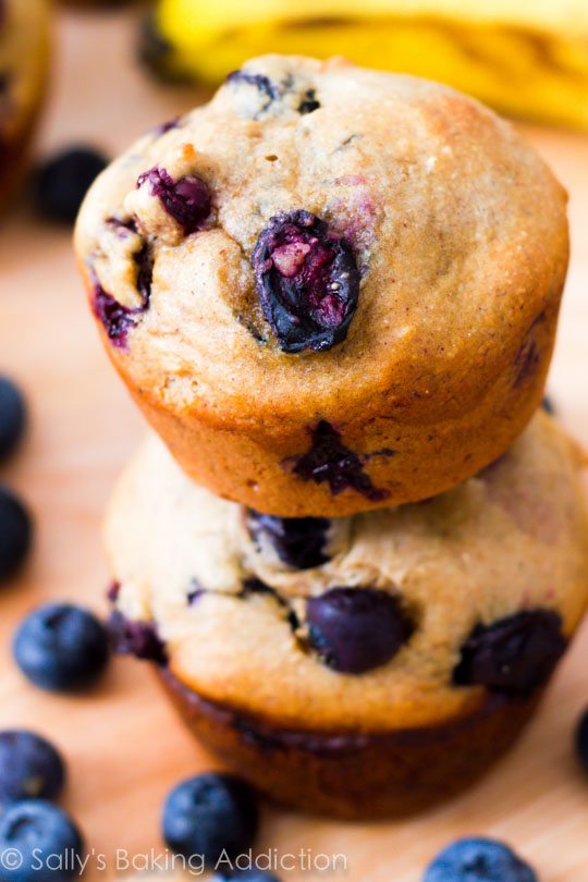 stack of banana blueberry muffins