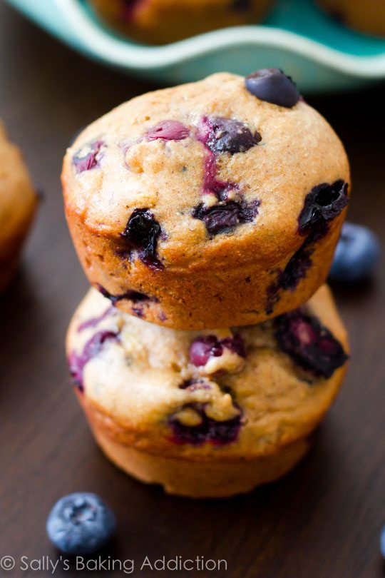 stack of banana blueberry muffins