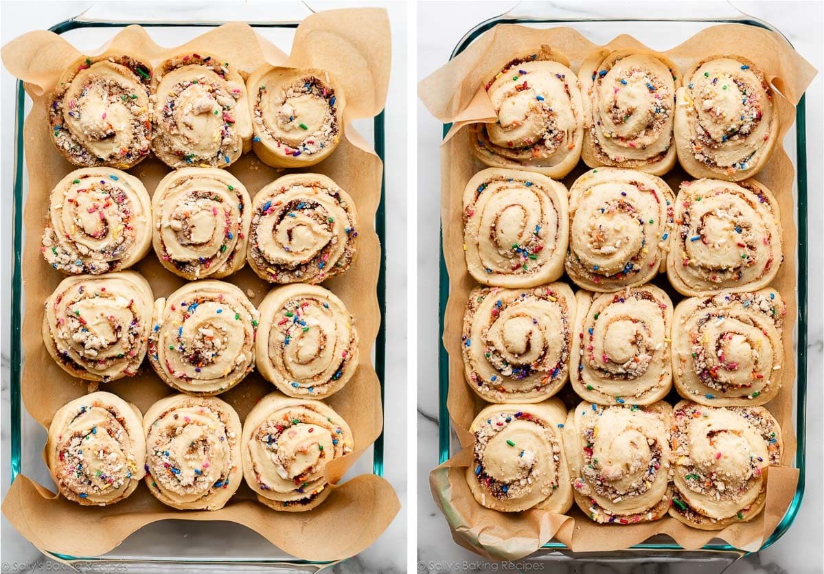 sprinkle funfetti sweet rolls before and after rising.