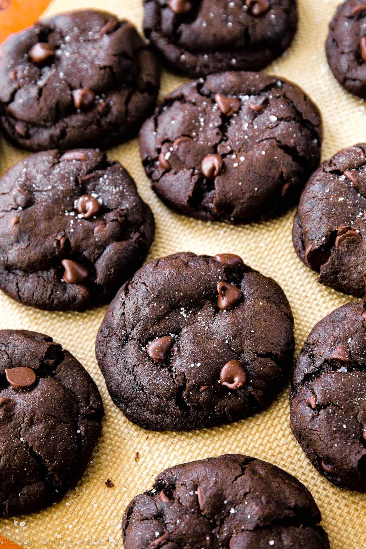 Dark chocolate cookies with sea salt and caramel on silpat