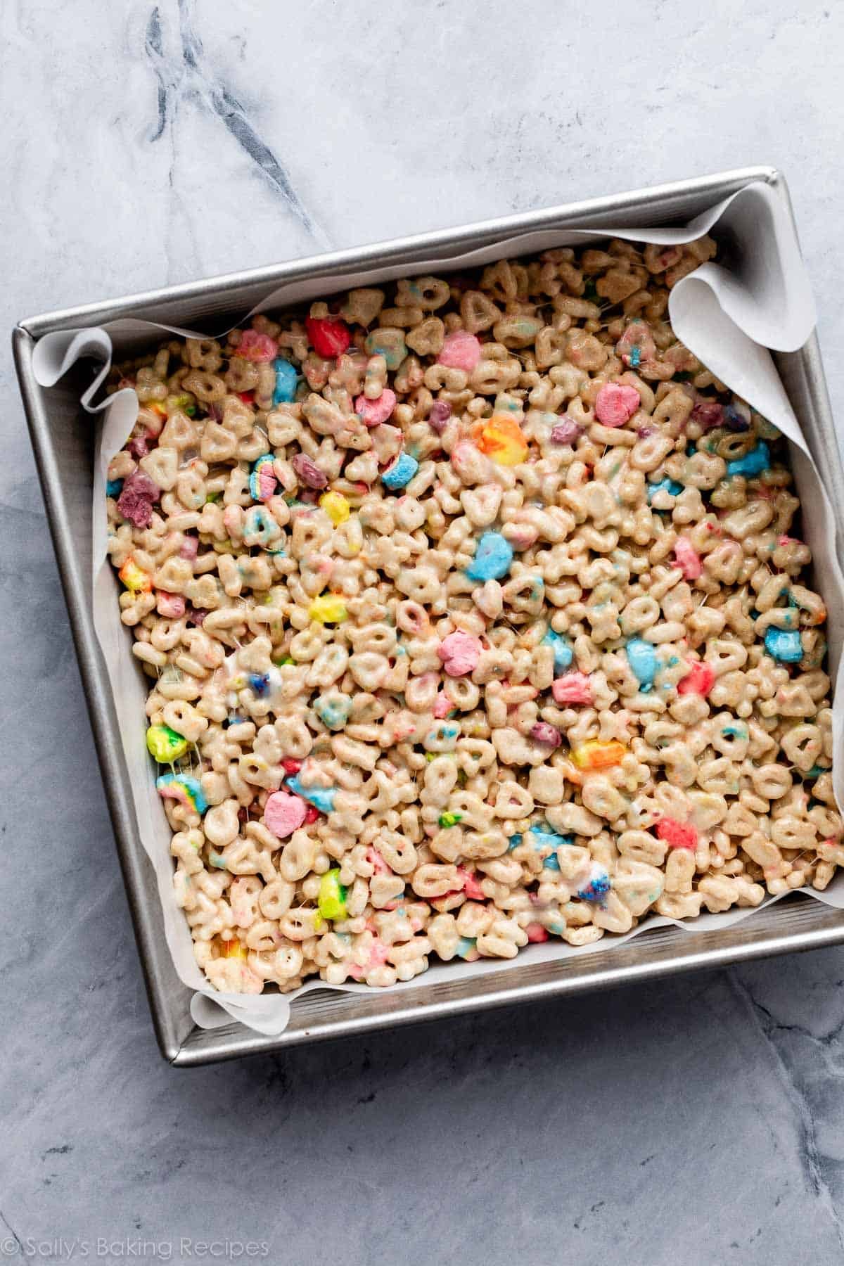 marshmallow cereal treats pressed into square pan.