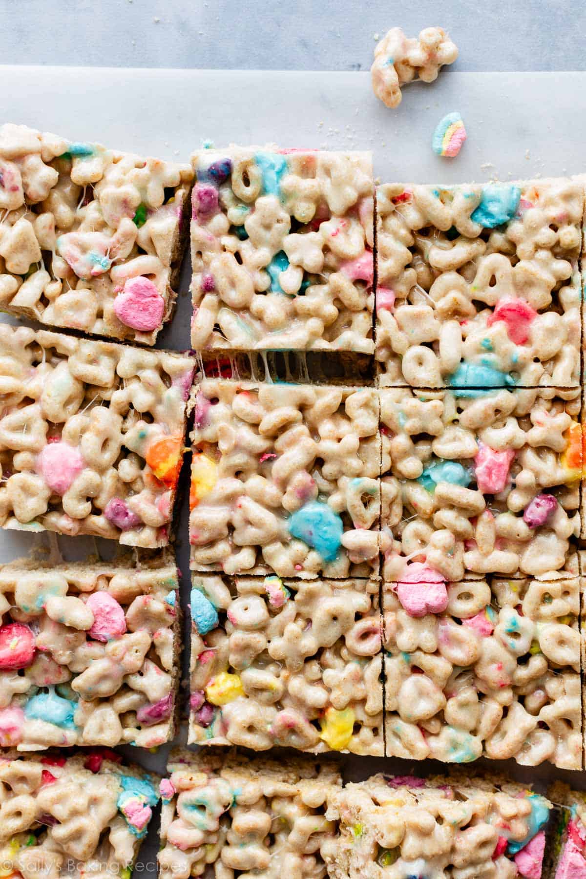 lucky charms marshmallow cereal treats cut into squares.