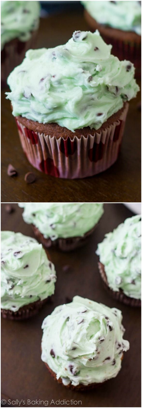 2 images of chocolate cupcakes topped with mint chip frosting