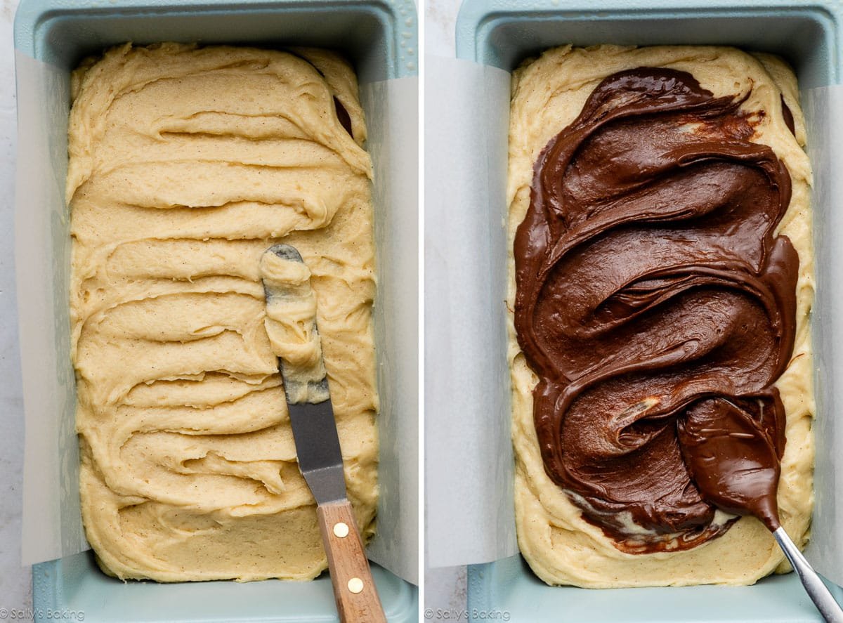 close-up of batter being spread into blue pan and shown again with Nutella on top.