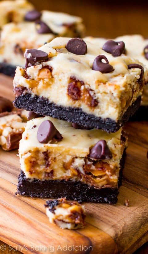 stack of Snickers cheesecake bars