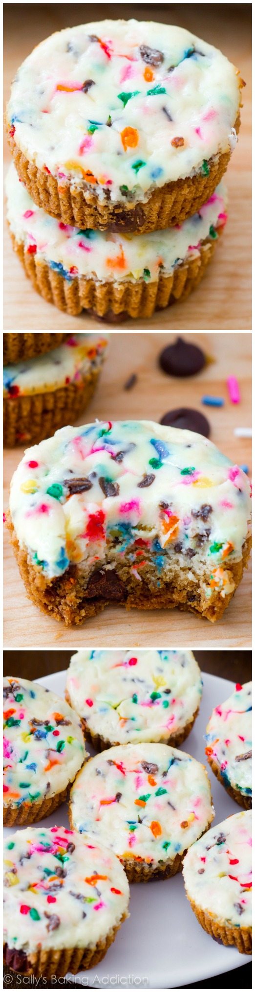 3 images of funfetti cheesecake cookie cups