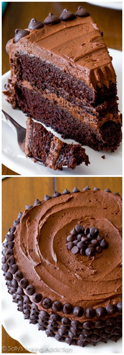 2 images of a slice of triple chocolate cake on a white plate with a fork and triple chocolate cake on a white cake stand