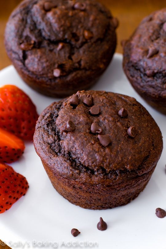 double chocolate chip muffins on a white plate