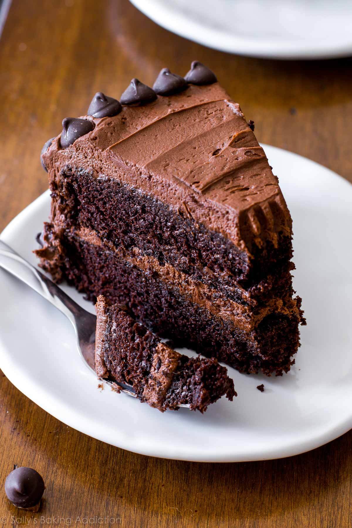 slice of chocolate layer cake on a plate